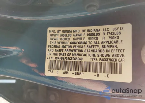 2012 Honda Civic Lx from USA, damaged, VIN 19XFB2F52CE068069